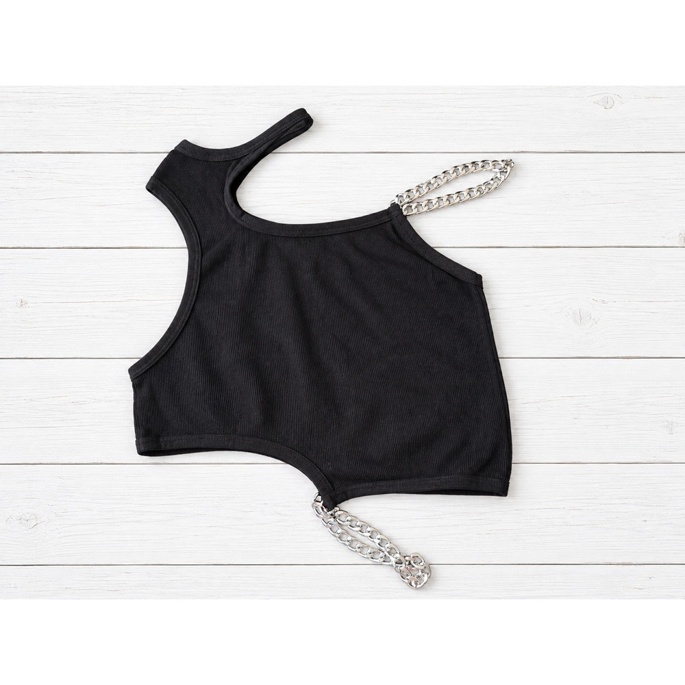 ANWND Crop Top One Shoulder Chain Strap Ribbed Asymmetric Edgy Black S/M NEW